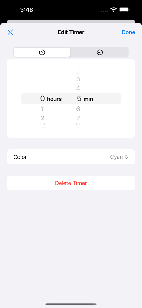 Edit Timer screen in the Vibration Alarm app showing a time picker set to 5 minutes and a color selection menu