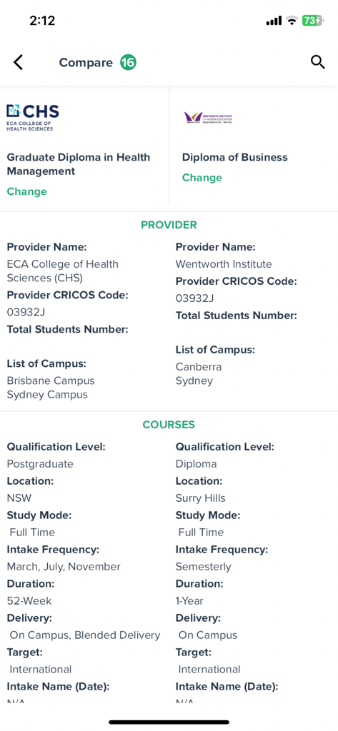 A side-by-side comparison of two educational courses showing provider details and course specifications on the Educonnect app