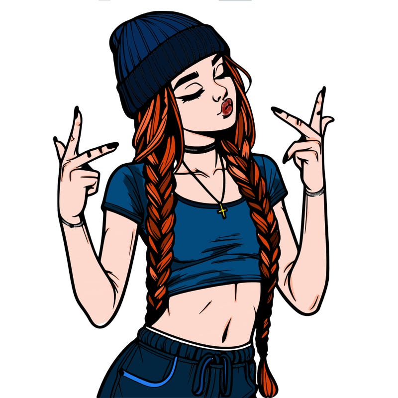 realistic teenage girl with braids and a beanie and crop top doing 🫶🏼