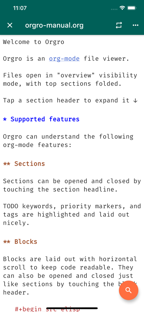 Screenshot of the Orgro app displaying the manual in Org-mode format on a mobile device