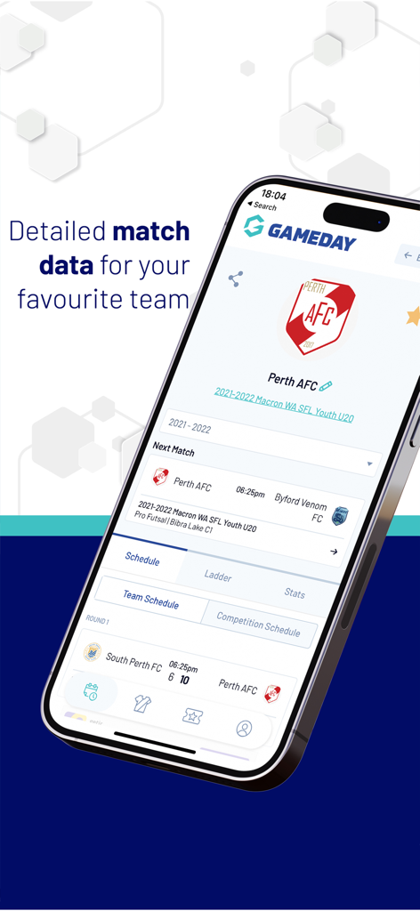 GameDay App - iPhone displaying the GameDay App interface with detailed match schedules and team statistics for amateur sports leagues