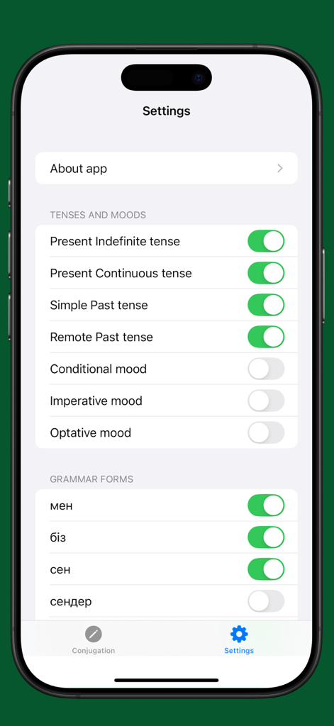 Kazakh Verb - Tela de configurações do aplicativo Verbo Cazaque exibindo opções de tempos verbais, modos e formas gramaticais.