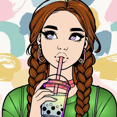 realistic girl with braided hair drinking boba