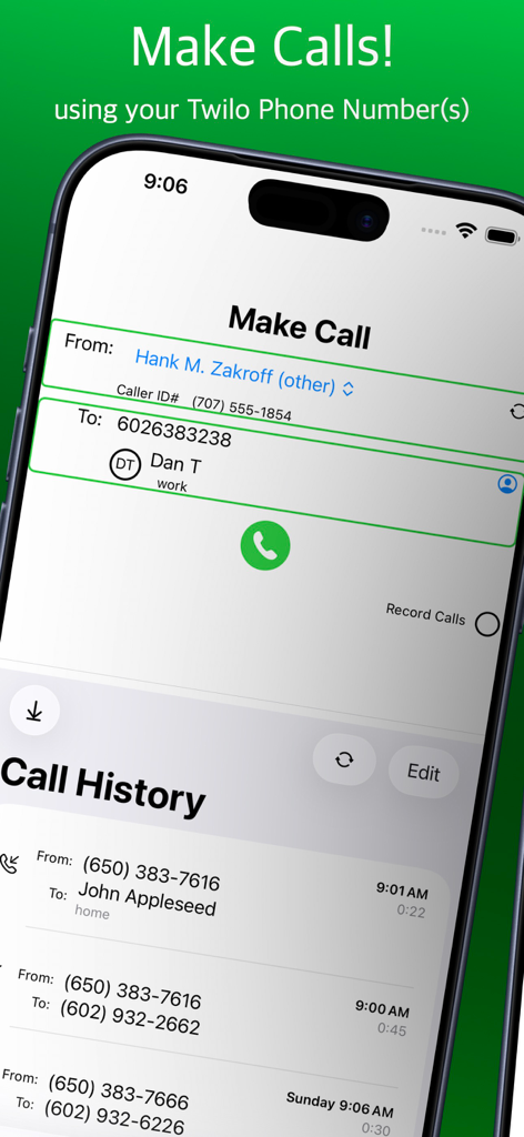 TwiPhone Pilot - TwiPhone Pilot app interface showing the make call screen and a list of call history.