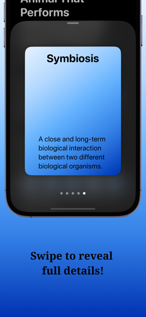 Notely AI -Instant Audio Notes - Una pantalla de iPhone que muestra una tarjeta de memoria de estudio generada por IA para el término biológico simbiosis con su definición.