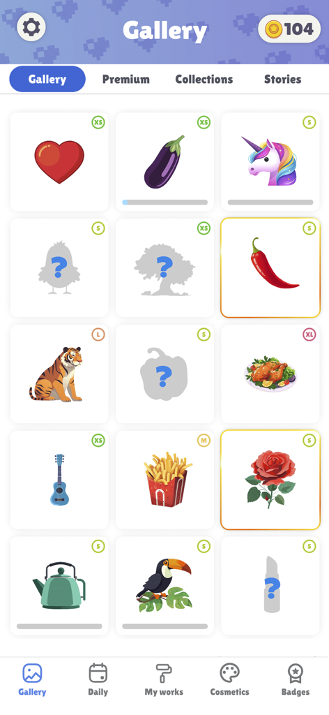 Una pantalla de galería que muestra varios iconos de ilustraciones desbloqueados y ocultos en la aplicación Tap Gallery.