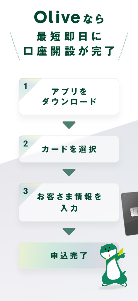 三井住友銀行アプリ - A flowchart showing the three steps to open an SMBC Olive bank account through the app