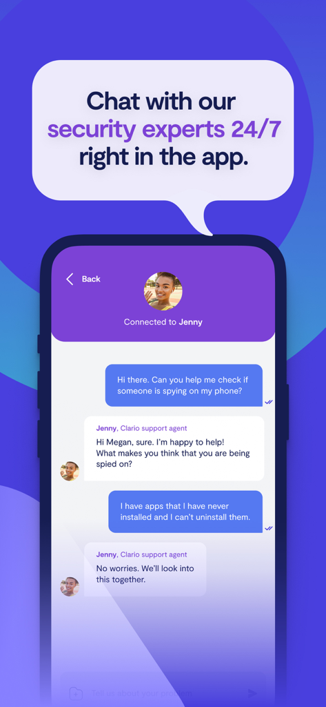 Interface of Clario AntiSpy showing a 24/7 chat with a security expert for digital privacy help