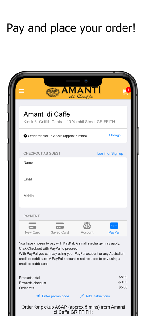 Amanti di Caffeのモバイルアプリのチェックアウト画面。注文合計と支払いオプションが表示されています。