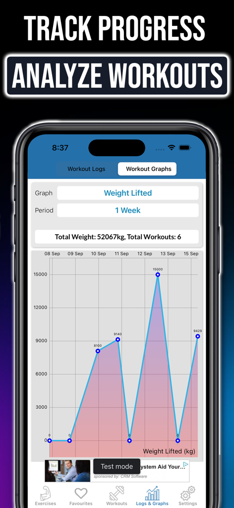 Gym Exercises & Workouts - Gráfico de progreso de entrenamiento en la aplicación Gym Exercises and Workouts mostrando el peso total levantado durante una semana.
