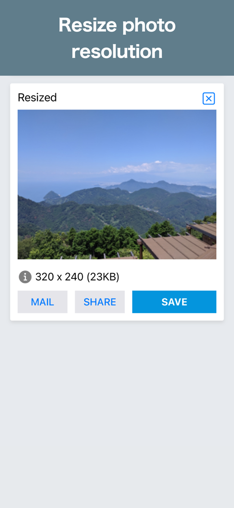 Photo Resizer: resize image - Smartphone screen showing the Photo Resizer app with a resized landscape photo and options to mail share or save