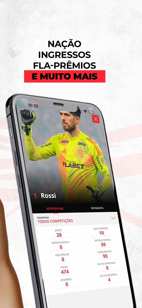 CR Flamengo - CRフラメンゴのモバイルアプリ画面には、ゴールキーパーのロッシの統計情報とチームの賞の情報が表示されています