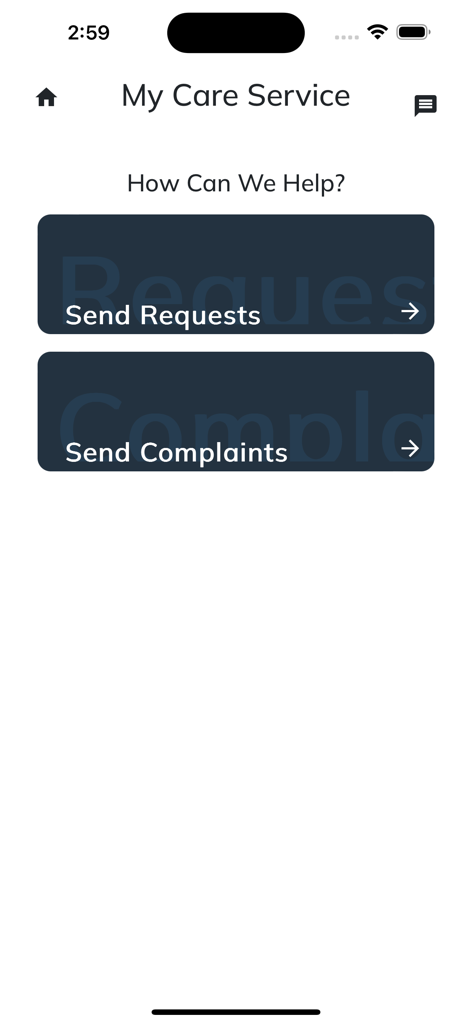 My Home Clinic app interface showing care service options to send requests and complaints