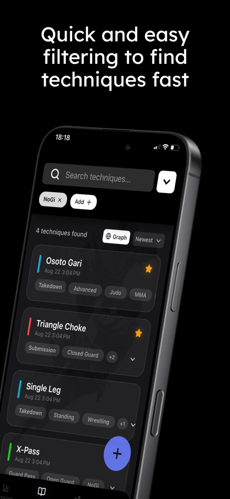FlowRoll - BJJ Training Pal - FlowRoll app screen showing a list of BJJ techniques with search and filter options