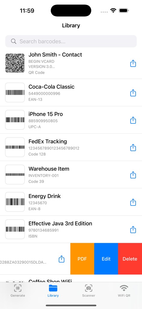 Barcodes Generator Unlimited - A list of saved product barcodes and QR codes in the Barcodes Generator Unlimited app library screen.