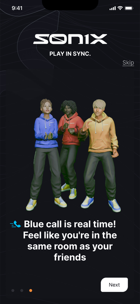 Sonix app onboarding screen showcasing real-time voice calls for gamers with avatars