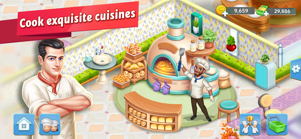 Un personaje chef de pie en una cocina de restaurante decorada junto a un gran horno de pan de piedra y productos horneados frescos.