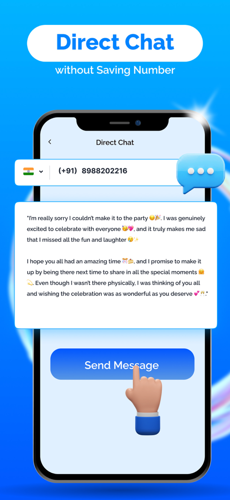 Clone App ~ Multiple Accounts - 連絡先に追加せずに電話番号にメッセージを送信するためのダイレクトチャット機能を示すClone Appのインターフェイス