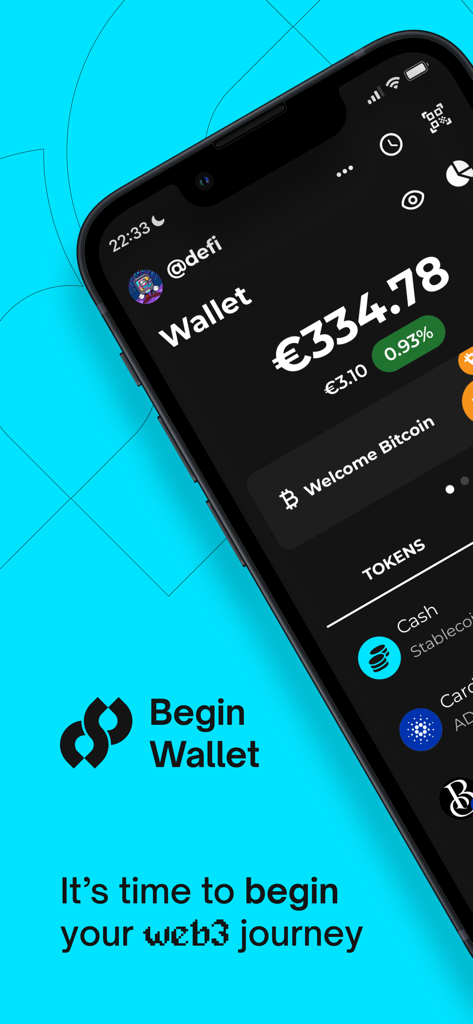 Begin: Bitcoin Cardano Solana - Smartphone screen displaying the Begin Wallet app interface with cryptocurrency balances and a welcome message on a bright blue background