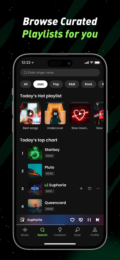 Pantalla de búsqueda de la aplicación Deeptone que muestra listas de reproducción curadas y los mejores éxitos