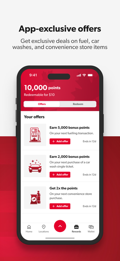 Petro-Canada mobile app screen showing exclusive rewards and point-earning offers for fuel and car washes