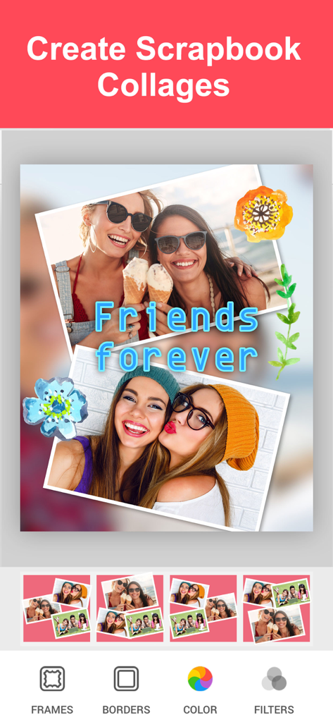 Un collage photo de style scrapbook d'amis avec des autocollants aquarelle, du texte et diverses options de mise en page dans l'application