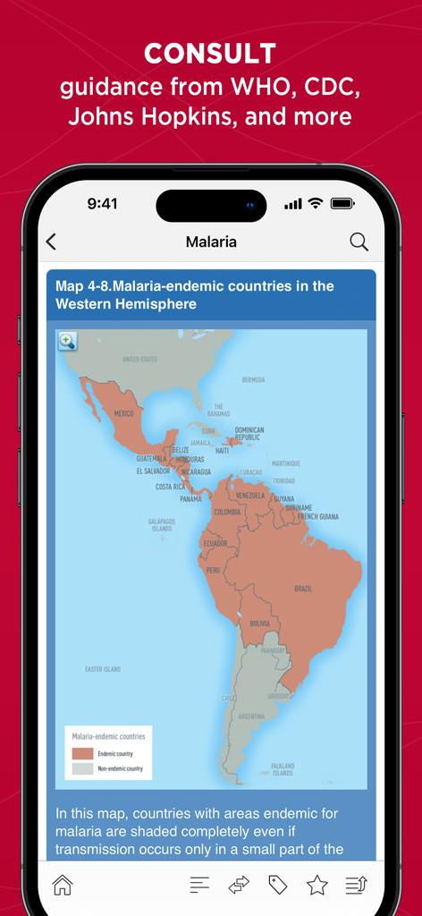 Relief Central - Relief Central app displaying a map of malaria endemic countries in the Americas