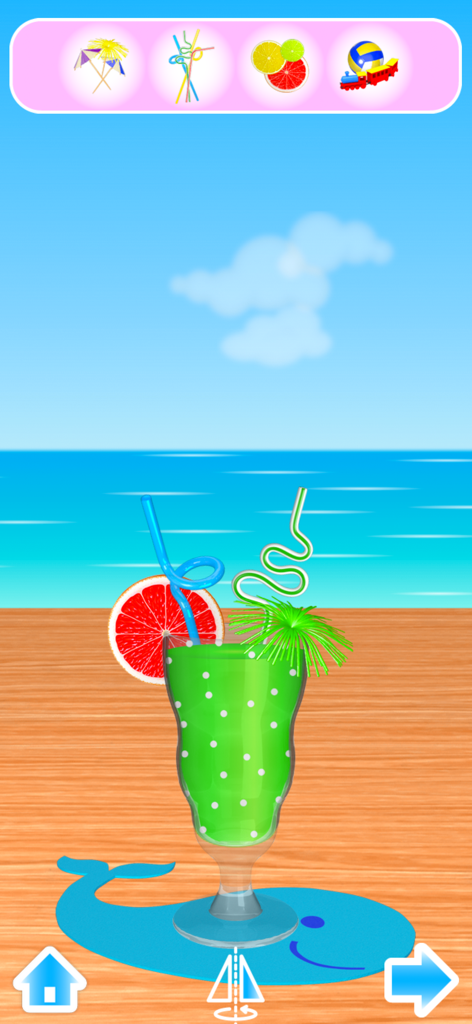 Smoothie Maker Deluxe - A decorated green smoothie with colorful straws and a fruit slice on a beach background