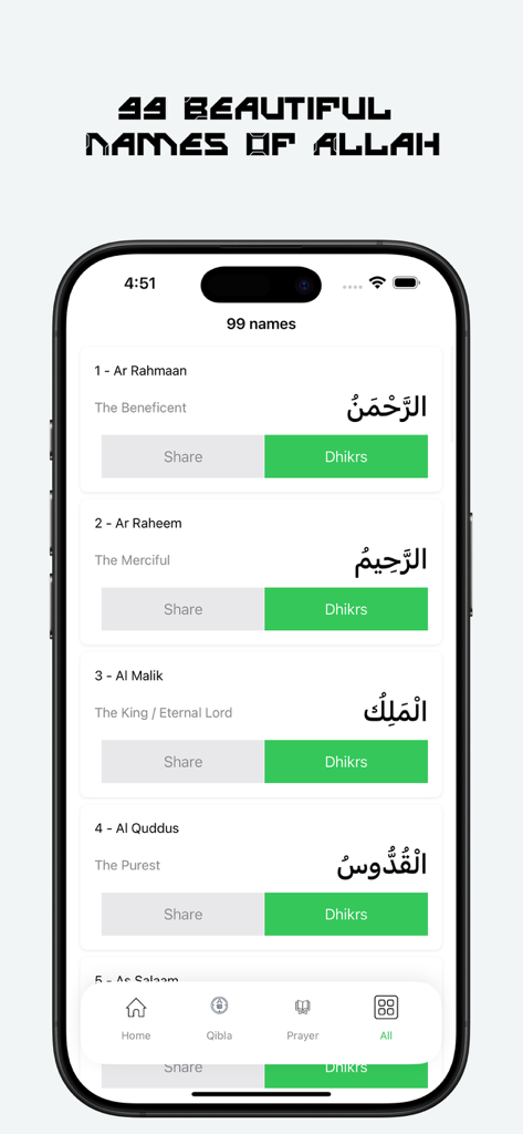 Ramadan Map - Una lista de los 99 Nombres de Allah con escritura árabe y significados en inglés en la aplicación móvil Ramadan Map.