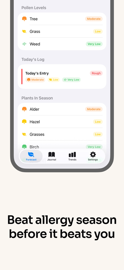 Pollen Buddy – Allergy Tracker - Screenshot of the Pollen Buddy app showing daily pollen levels for trees grass and weeds with a list of plants in season