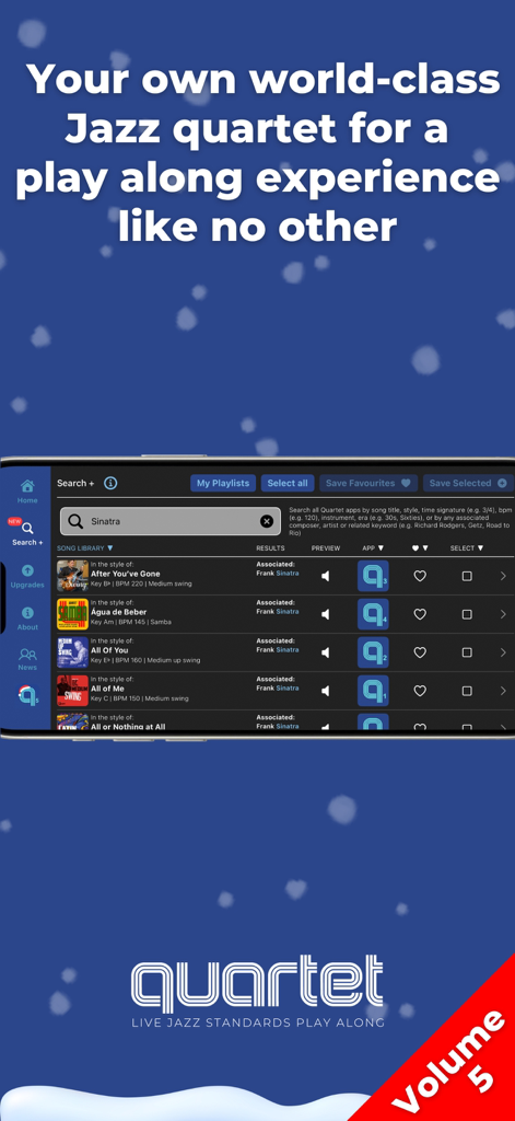 Interfaccia dell'app play-along jazz natalizia Quartet 5 che mostra i risultati della ricerca di standard jazz di Frank Sinatra