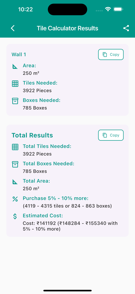 Mobile app screen showing tile calculation results including total area, pieces needed, and estimated cost with wastage adjustment