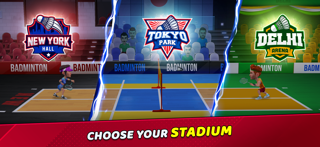 Pantalla de selección de estadio en Badminton Clash 3D mostrando el Salón de Nueva York, el Parque de Tokio y la Arena de Delhi.