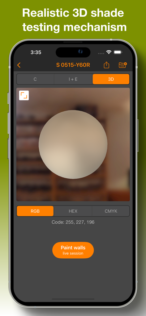Smartphone screen showing the NCS color chart app with a 3D shade testing sphere and color converter tools