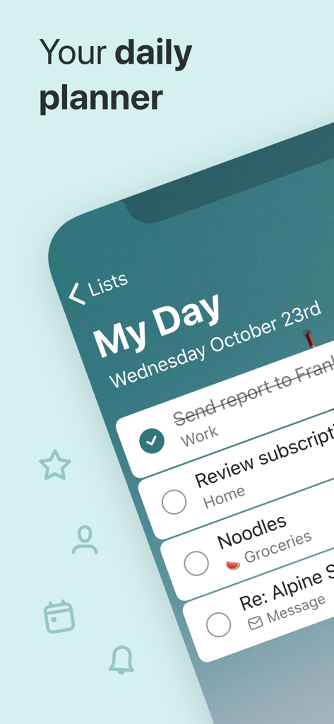 Interfaz de la aplicación Microsoft To Do mostrando la pantalla Mi Día con una lista de tareas personalizada para el trabajo y el hogar