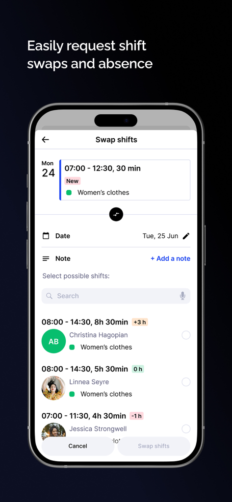 Interface d'application mobile SameSystem pour demander des échanges de quarts et gérer les absences.