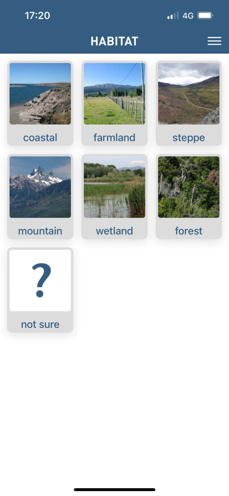 Birds of Patagonia - Habitat selection screen for identifying birds in Patagonia including coastal and forest