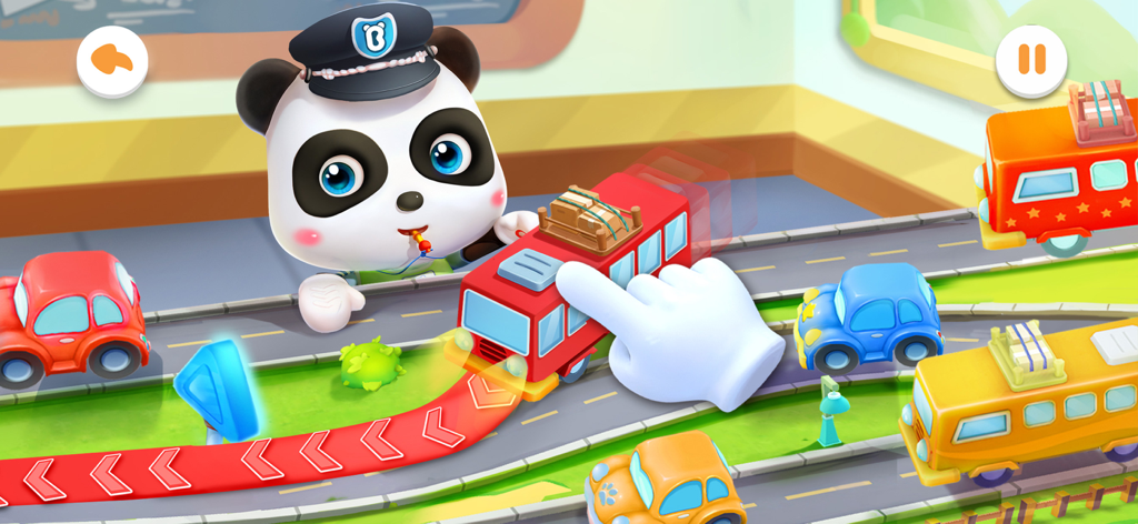 Officer Kiki the panda managing traffic with colorful toy cars in a kids game