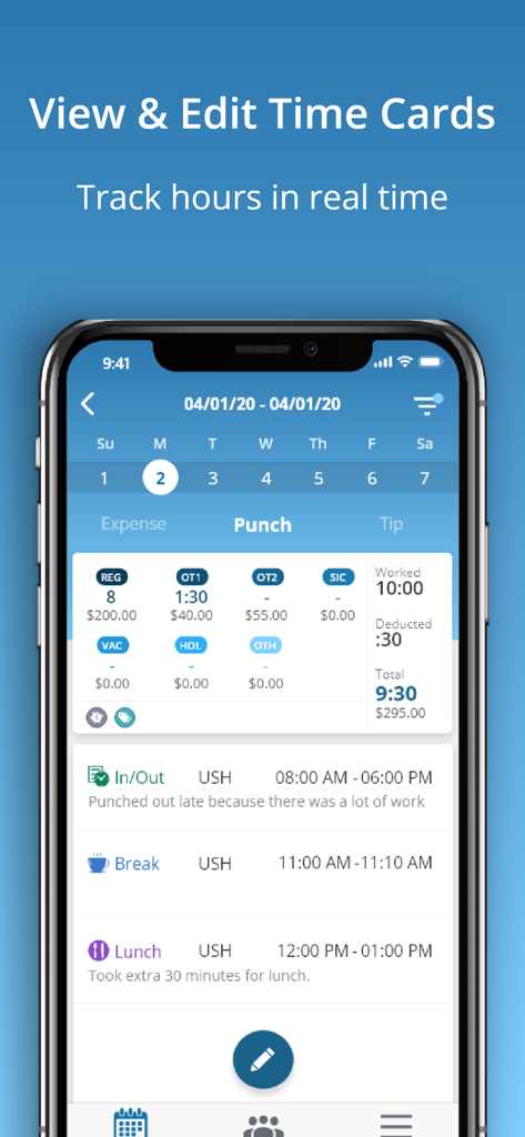 uAttend - Una captura de pantalla de la aplicación móvil uAttend que muestra una vista detallada de la hoja de tiempo con horas trabajadas, descansos e información de horas extras.
