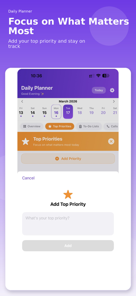 Daily Planner - My Day - Daily Planner app interface showing the add top priority screen with a clean minimalist design