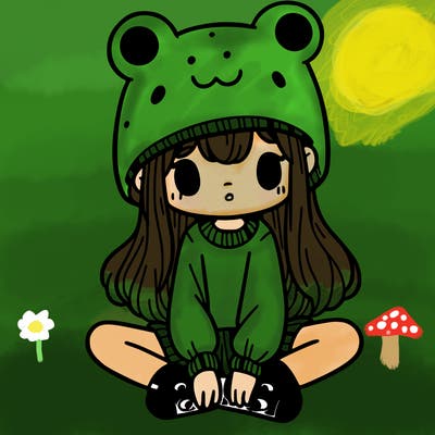 a girl wearing a frog hat and some frog socks