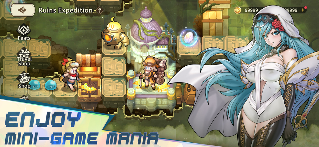 Realms of Pixel - Interface do jogo Realms of Pixel mostrando o minigame Expedição das Ruínas com pixel art retrô e um retrato de personagem de anime.