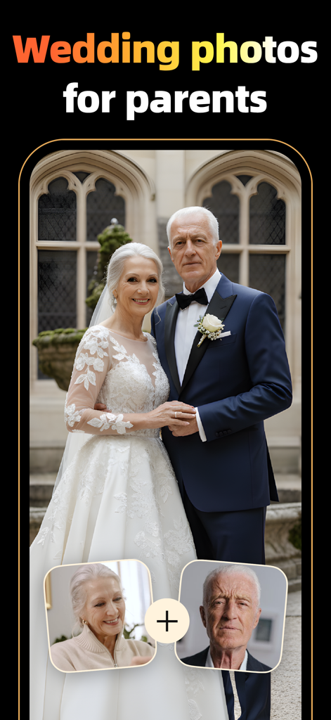 An app screen showing a restored wedding photo of an elderly couple created from individual headshots.