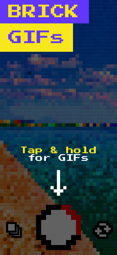 Mobile app interface of Bricks Camera showing a beach scene with a brick filter and instructions to record GIFs.