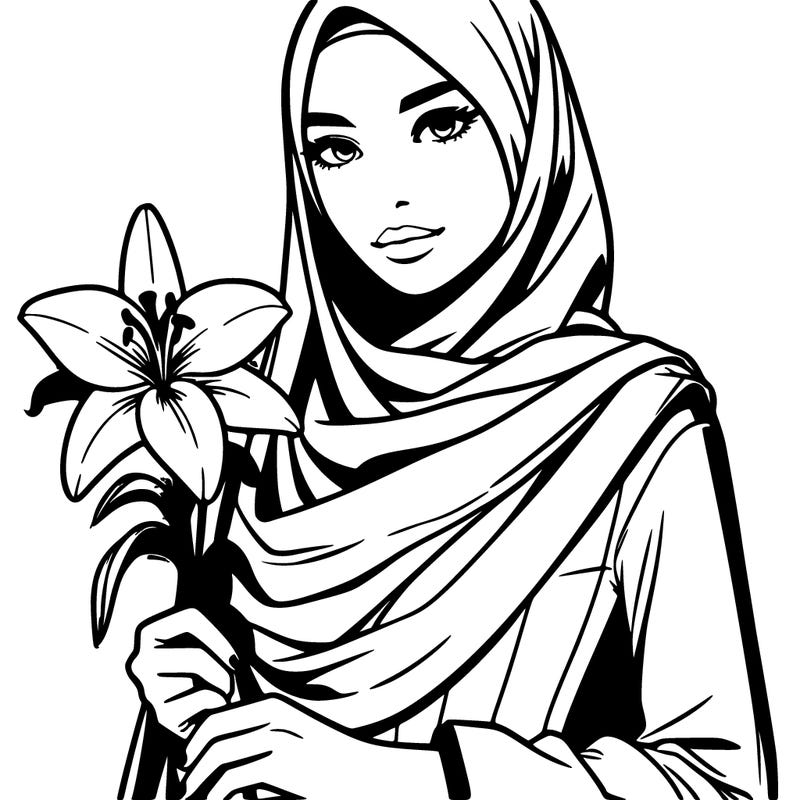 "a malay girl wearing a shawl, holding a white lily flower, standing confidently while facing the camera. vibrant pop colour aesthetic, bold contrast tones, clean sharp details, cinematic light, minimal background, modern editorial portrait, slightly soft feminine mood yet striking composition."