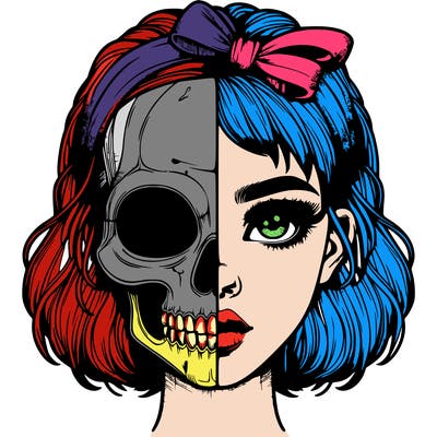 realistic girl with half skull mask