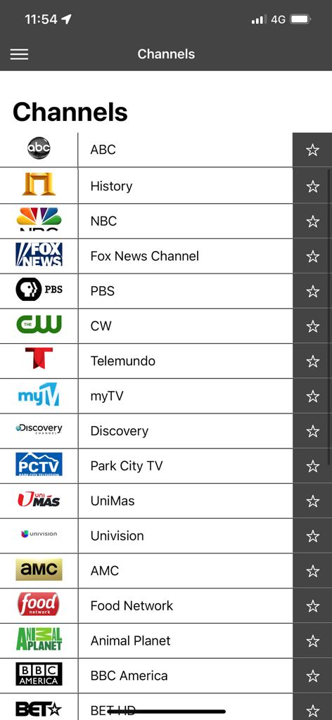 TV Listings USA United States - A list of US television channels including ABC, NBC, and Fox News with favorite icons in the TV Listings USA app