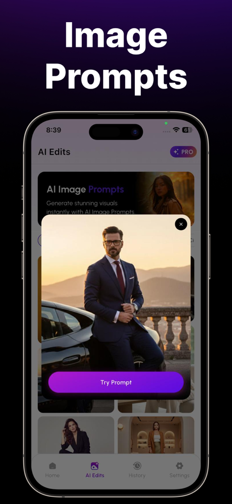 AI Photo Generator - Image AI - Mobile app interface of AI Photo Generator showing a professional image prompt template with a man in a suit.