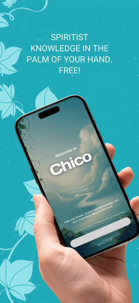 Chico - Spiritual Guide - A hand holding a smartphone displaying the welcome screen of the Chico Spiritual Guide app with spiritist knowledge text.