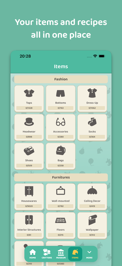 ACNH Guide app interface showing item tracking categories for fashion and furniture with progress bars